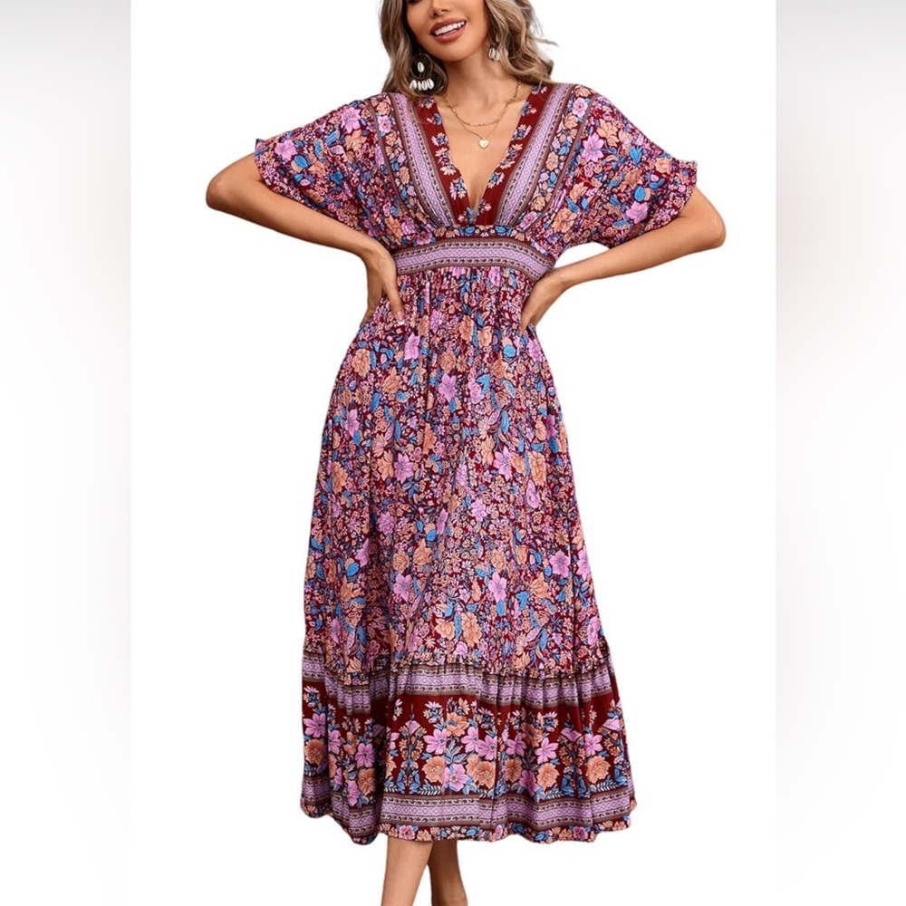 Women's XL Boho Floral Print Midi Dress
